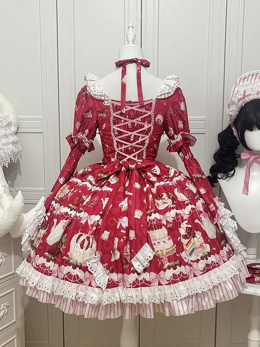 Strawberry Short Sweet Red Bell with Print Dress Detachable Cake Lolita Sleeves