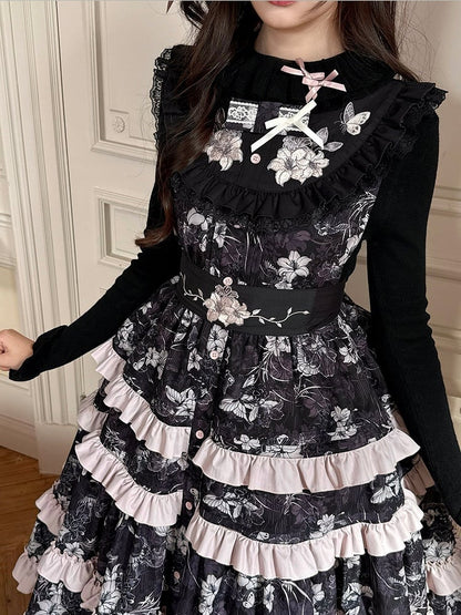 Black Knit Top with Ruffle Collar, Long Sleeves & Pink Bow Accent - Yimu Walnut