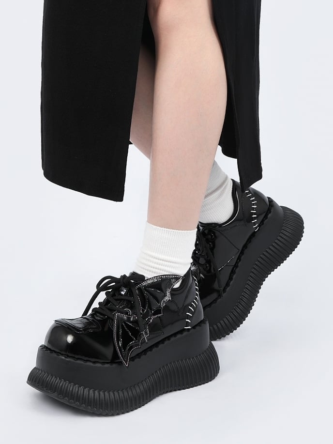 - Bat Wing Platform Details Back Lace-Up Design Accents Bittersweet Black Stitched Shoes with