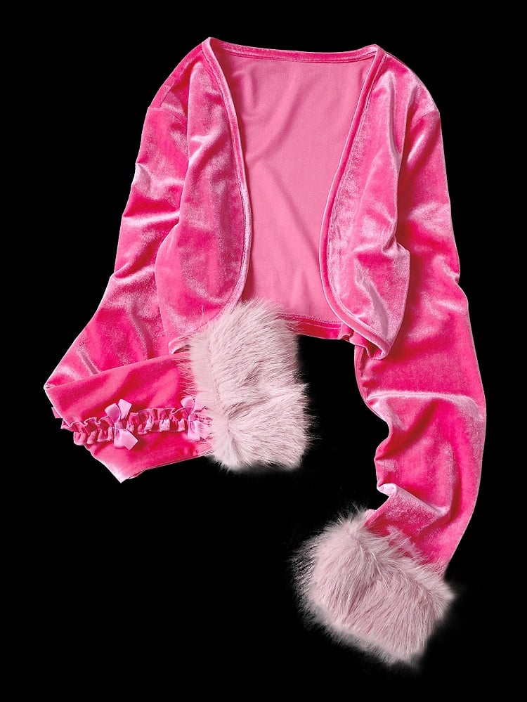 Rosa, flauschiges, langärmliges Crop-Top mit Bündchen