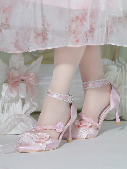 Sweet Pink Cherry Blossom 8cm High Heels Lolita Pointed Toe Shoes - Wind Bell Island