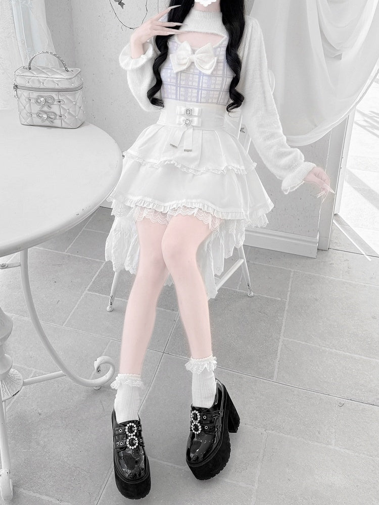 Landmine with Light Sweater Blue Mink Plaid Open-Front Accent Plush Bow Style