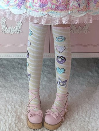 Over Striped Knee Donut Unicorn Pattern Print Lolita Pink/Yellow/Blue/Purple Stockings