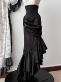 Gothic Asymmetrischer Rock Korsett mit Taillenstäbchen Kaskadierender hoher Lolita-Volant Meerjungfrauensaum Schwarz