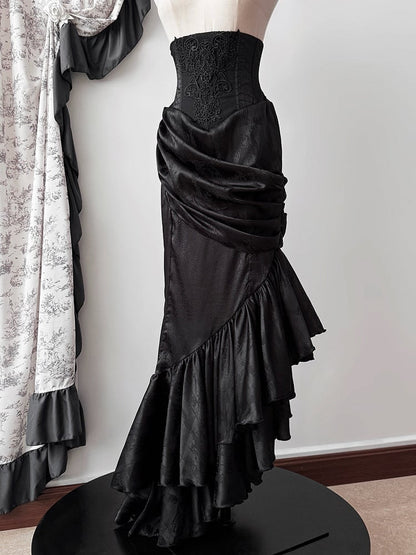 ゴシック アシンメトリー スカート ボーンウエスト コルセット カスケード ハイ ロリータ フラウンス マーメイド ヘム ブラック