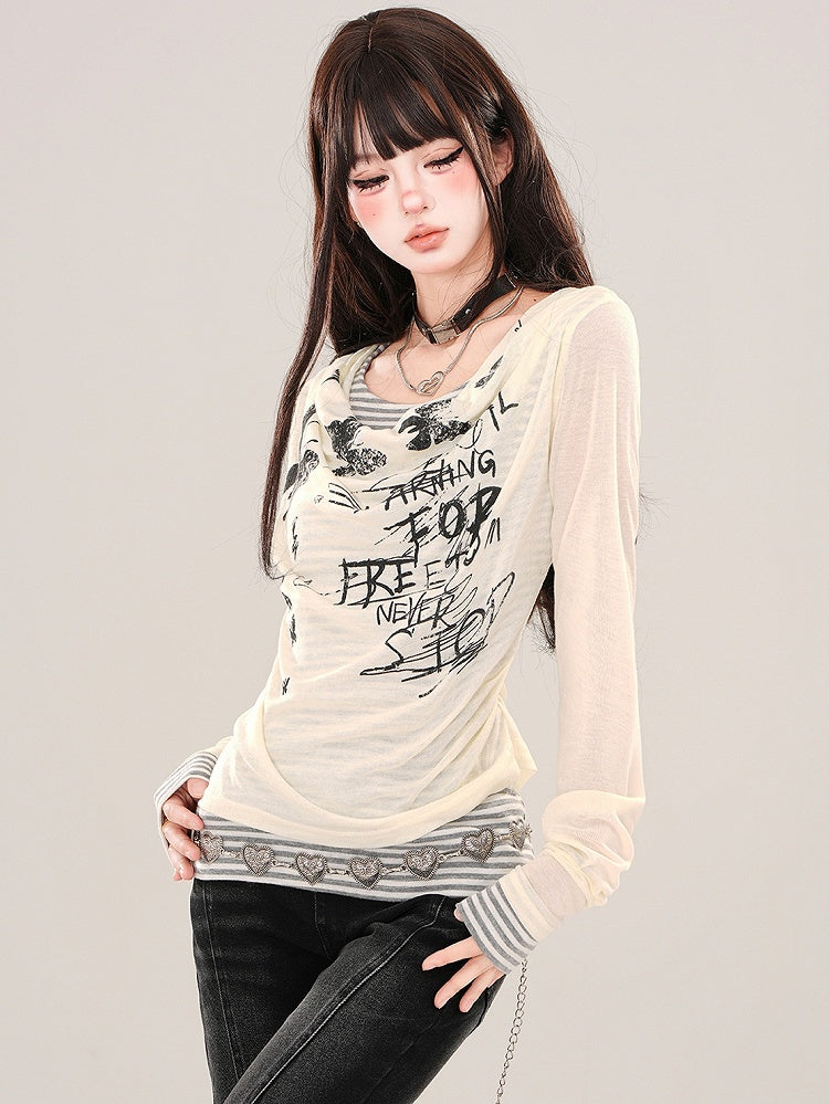 Aprikose/Schwarzes zweiteiliges, gestreiftes Langarm-Oberteil mit grafischem Netzstoff