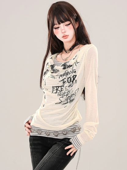 Aprikose/Schwarzes zweiteiliges, gestreiftes Langarm-Oberteil mit grafischem Netzstoff