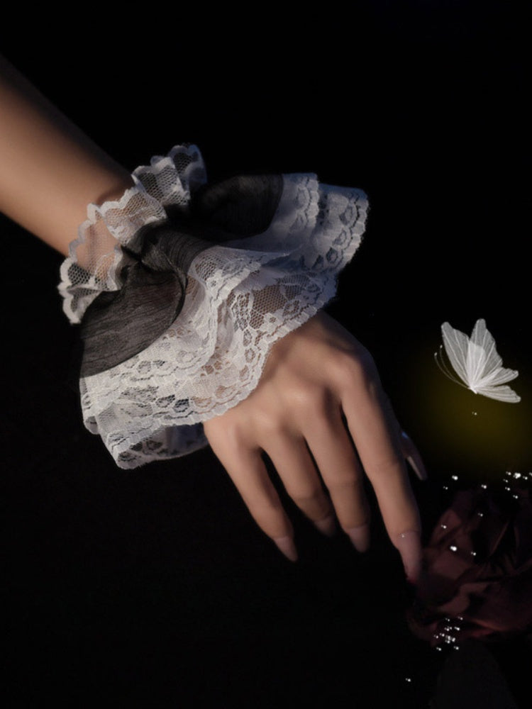 Schwarz/weiße Lolita-Organza-Handgelenkmanschetten mit doppellagiger Spitze