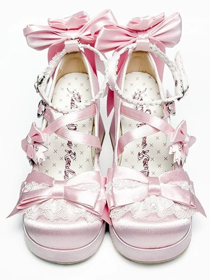 Details Crisscross - Embroidered High Pink with Platform Bow Design Floral Lolita Heel Sweet Block Shoes