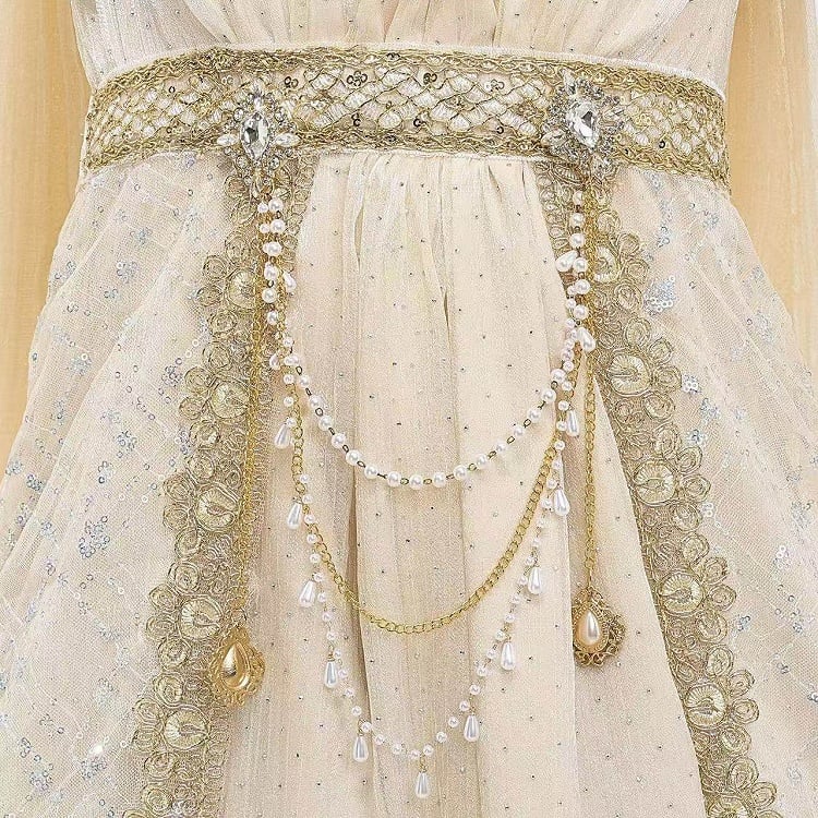 Bead White Chain Brooch / Golden Silver