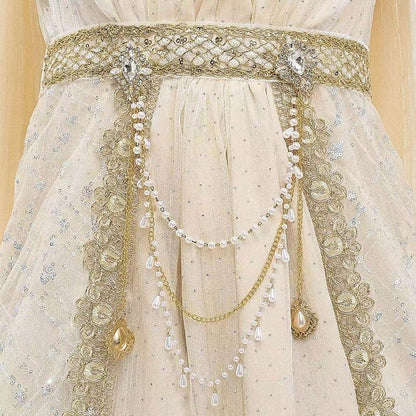 Bead White Chain Brooch / Golden Silver