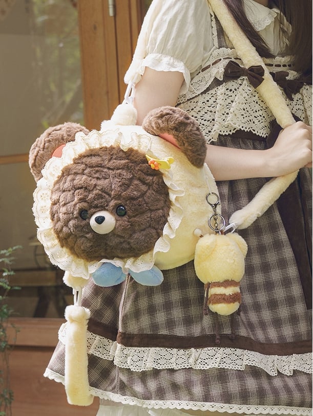 Backpack Bear-shaped Plush Lace BrownBeige Trim