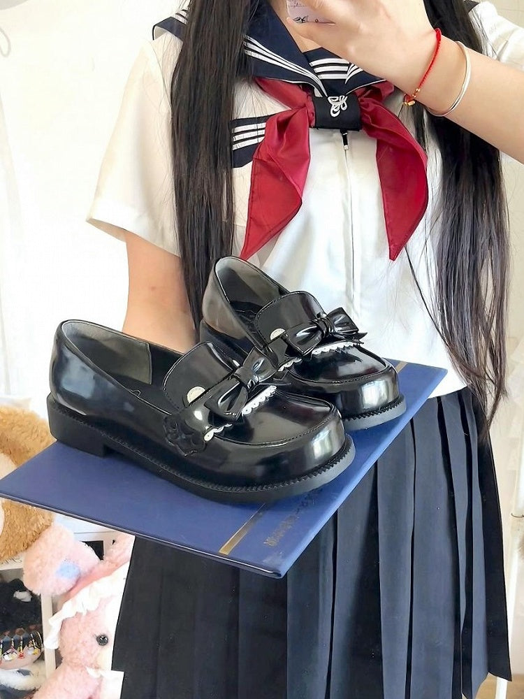 Preppy Style Black Low Heels with Bear Paw & Ear Accents