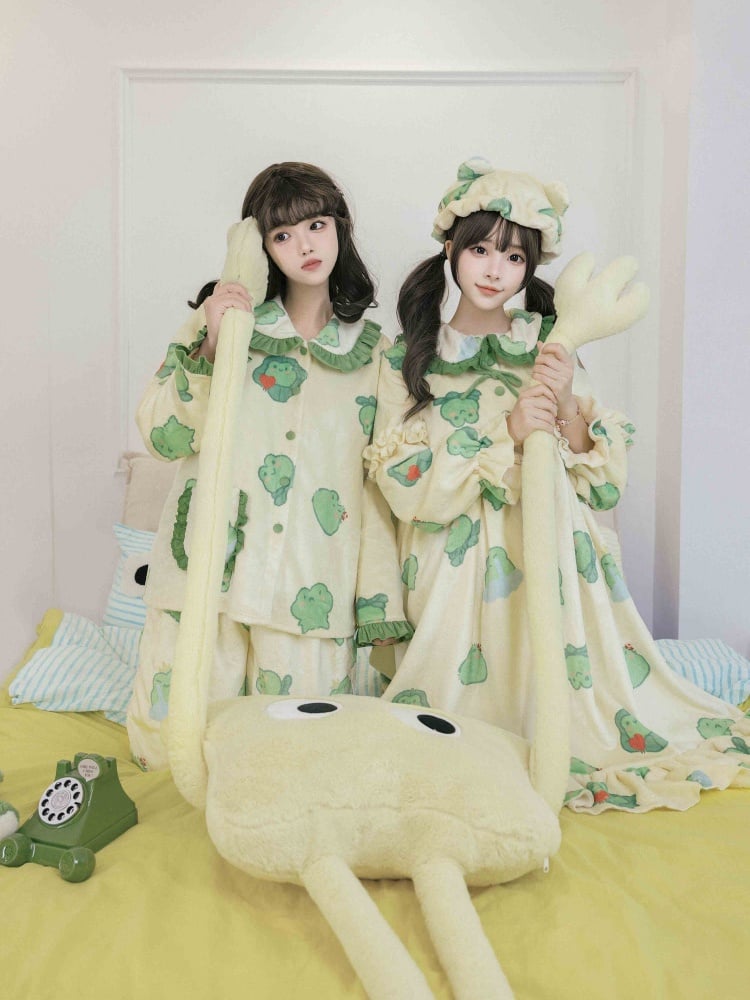 カエル柄グリーンフランネルパジャマトップパンツセット