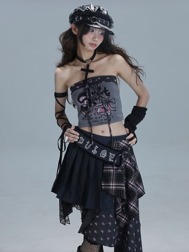 Bow Crop Punk Strapless Ties with Cherry Gray Top Patchwork Print