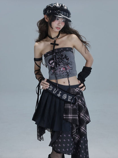Bow Crop Punk Strapless Ties with Cherry Gray Top Patchwork Print