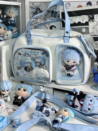 White & Blue Contrast Trim Bread-shaped Ita Shoulder Bag