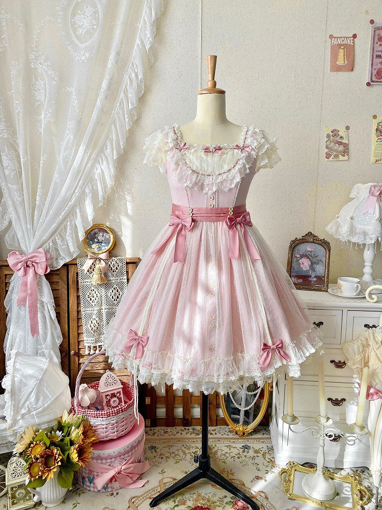 Elegant Bow and Details Version Classic with Lace Dress Short Pink Lolita