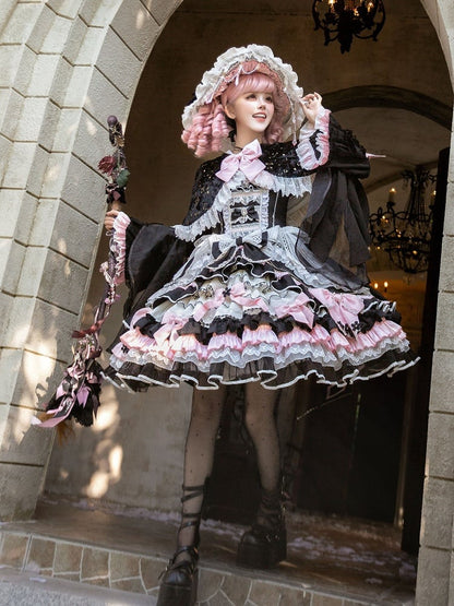 Witch-Themed Cross Accent Lolita JSK Full Ensemble in Black and Pink with Bow Train, Cape, Detachable Sleeves, Hat and Outer Sleeves - Felinae Cookie