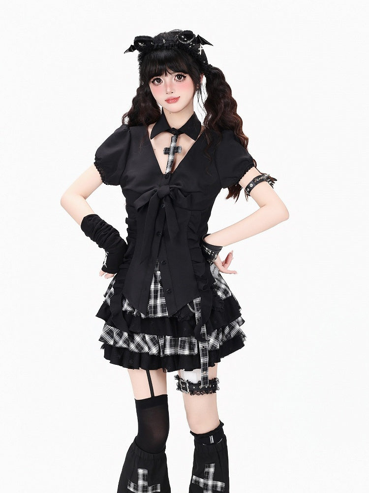 Dark Kawaii Black Detachable Collar Puff Sleeve Blouse with Ruffle Trim - CRAZY GIRL