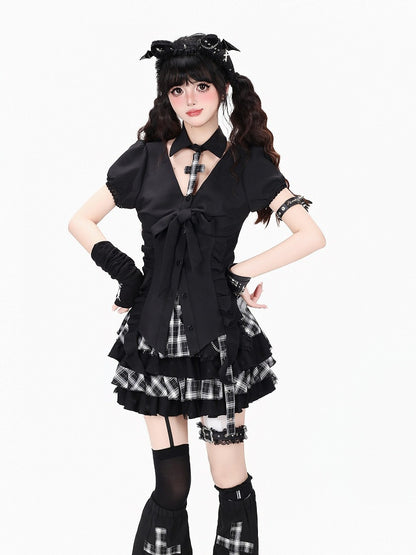 Dark Kawaii Black Detachable Collar Puff Sleeve Blouse with Ruffle Trim - CRAZY GIRL