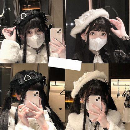 Jirai Kei Schwarz/Weiße Plüschbaskenmütze mit Schleifendetails