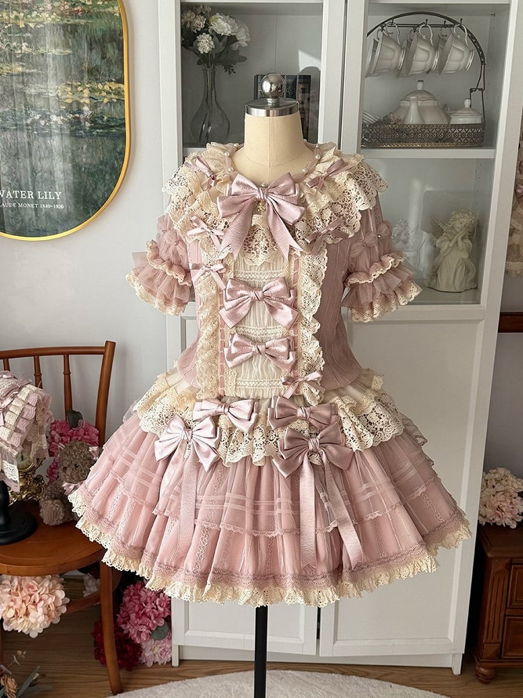 with Waist Sweet Low Sleeves Bow Lace Pink Beige Dress Ruffled Lolita and Accents