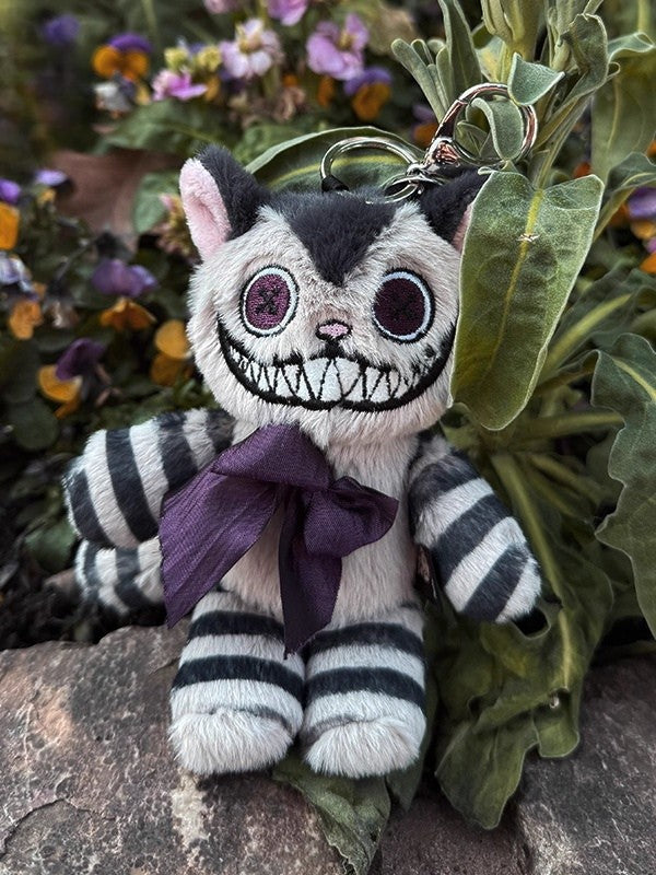 with Cheshire Keychain Decorative Cat - Bow Plush Striped Brown Gray
