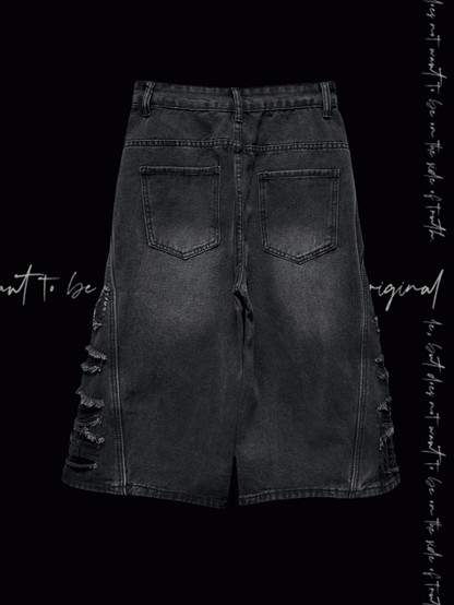 穴あき裾パンクフェードウォッシュダメージ加工ダークワイドレッグジーンズグレー