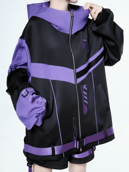 Black Hoodie Details Purple Futuristic - Landmine Techwear Embroidered Jacket with
