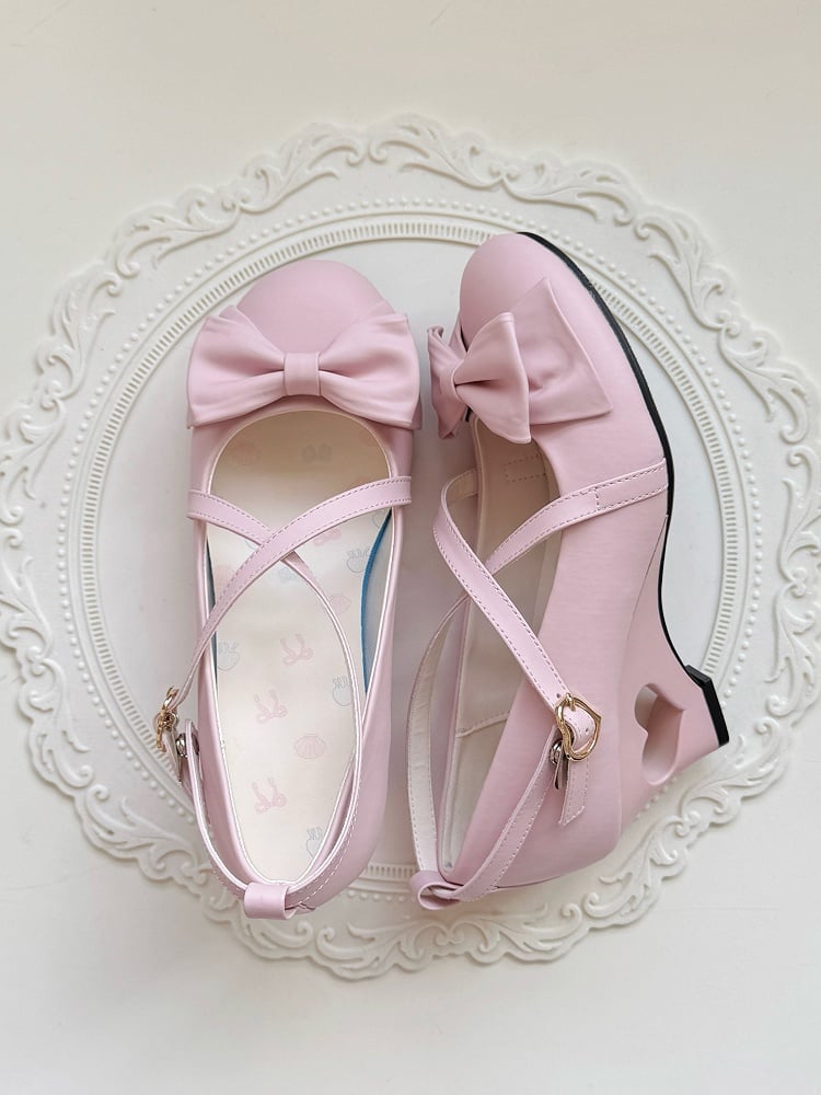 Bow with Elegant Shoes Pink Light Wedge Details Lolita Heart-shaped Snap