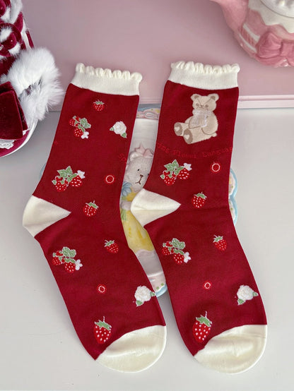 Erdbeerbär Socken Print Rot/Lila/Schwarz Lolita Kalbshase