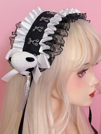 Bowknot Ruffled Hairband Jirai Panda Decorated with Black/White Lace Details Plush Tassels Trim Kei