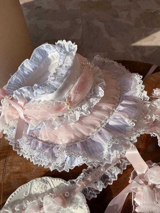 ボンネット柄とブルーのロリータストライプピンク