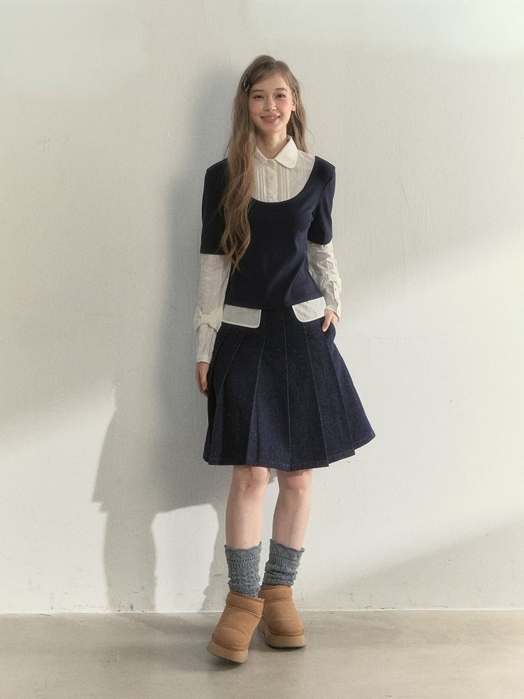 Sleeve Blue Navy Fake Blouse Two-Piece Vintage Long