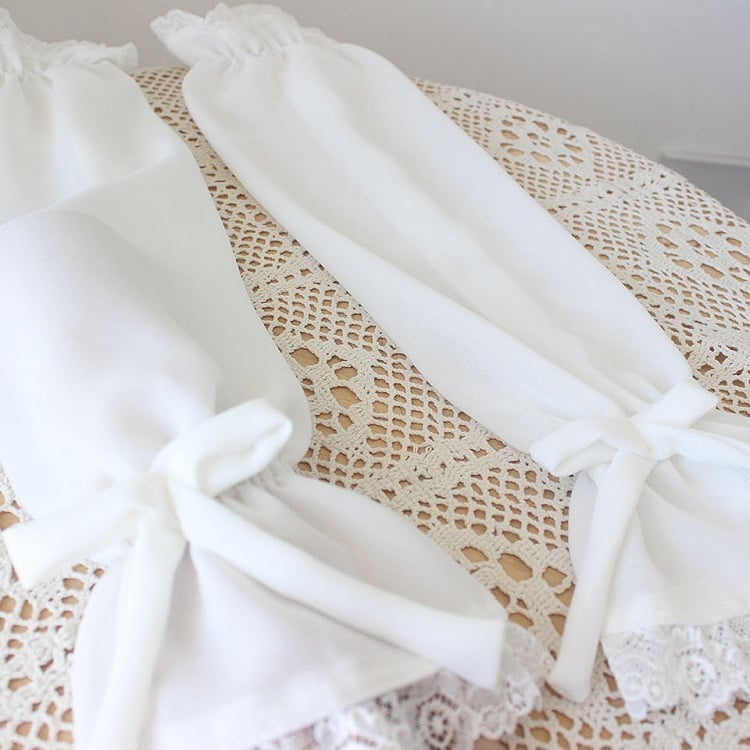 Lace Sleeves Trim Details White Bowknot