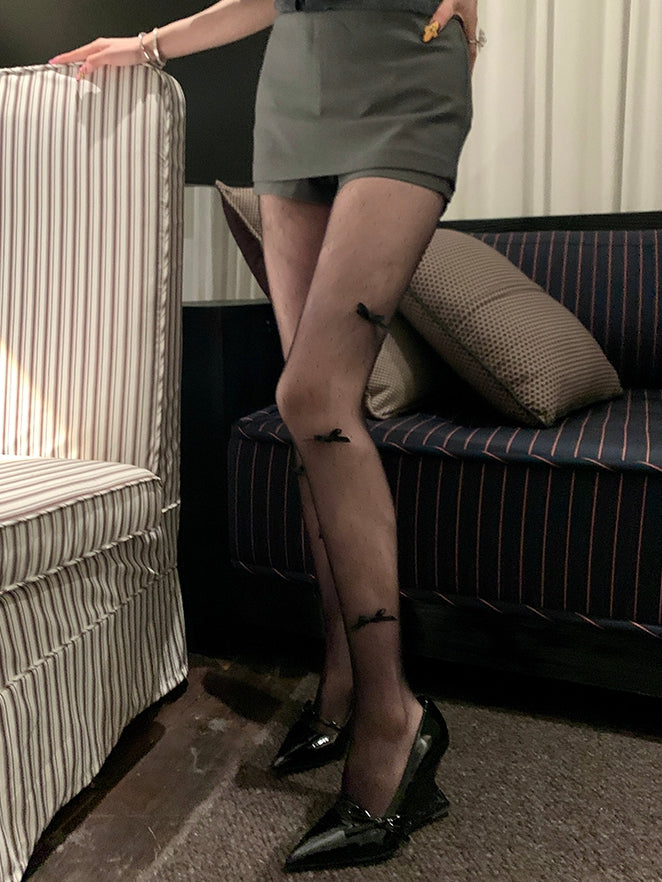 詳細 タイツ 蝶結び ブラック/グレー/ホワイト