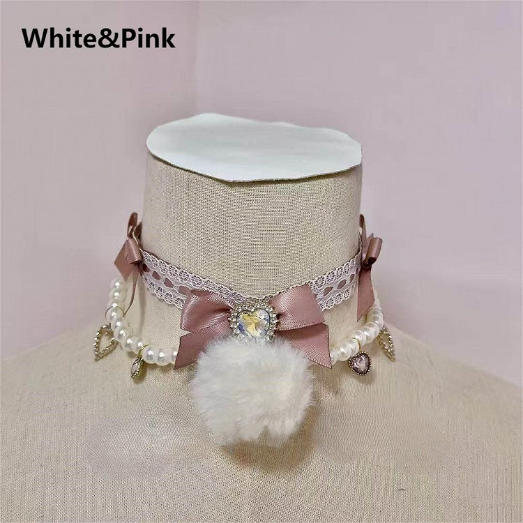Heart Rhinestone Bow Choker Lace 6 Colors with Pendant
