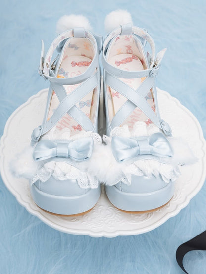 Blue Design at Decorated Top Bow Pompon Plush With Ear Crisscross Platforms Bunny