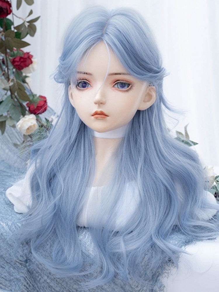 カーテンバング付きブルーロングウェーブ合成ウィッグ