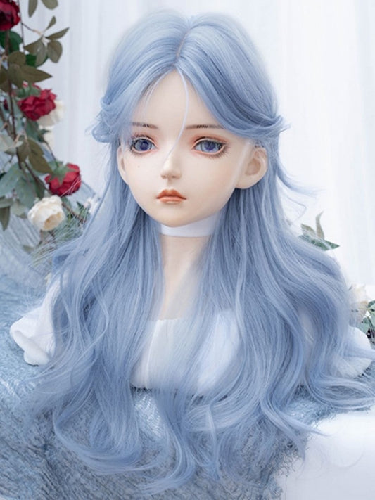 カーテンバング付きブルーロングウェーブ合成ウィッグ