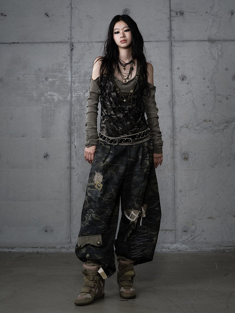 Studded Design Camo Accents Green Vintage Knit Cold-Shoulder Punk with Top