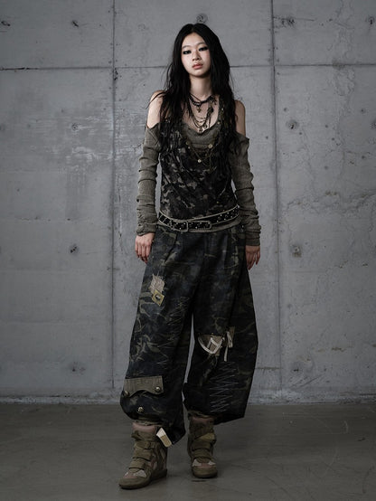 Studded Design Camo Accents Green Vintage Knit Cold-Shoulder Punk with Top