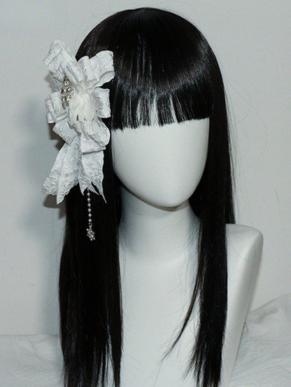 Schneeakzente, weiße Charm-Haarspange/Brosche mit Perlen und Strasssteinen und Schleife, Lolita Gothic