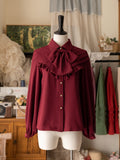 Red Ruffle-Trim Long-Sleeve Shirt with Bow Tie