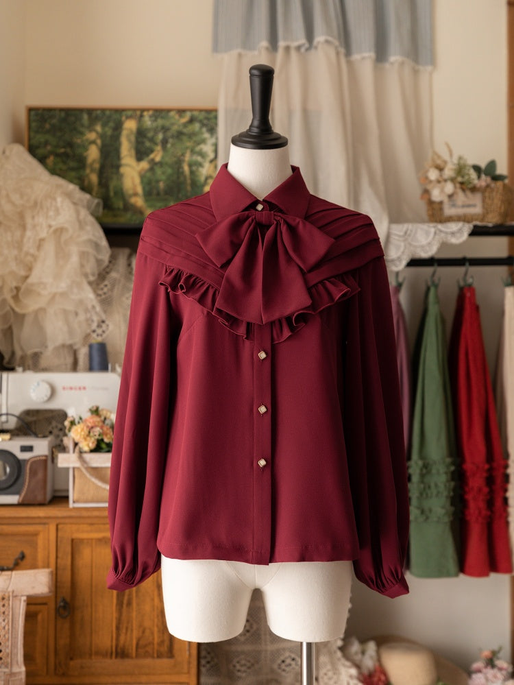 Red Ruffle-Trim Long-Sleeve Shirt with Bow Tie