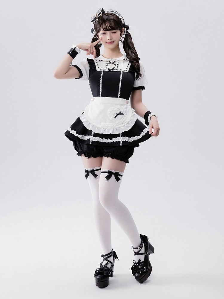 Jirai-kei Maid 4-Piece Set: Dress, Wrist Cuffs, Bloomers, Apron - Fluffy Heart