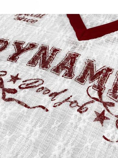 Print Glamorous WhiteRed Letter Lace V-neck T-shirt Y2K