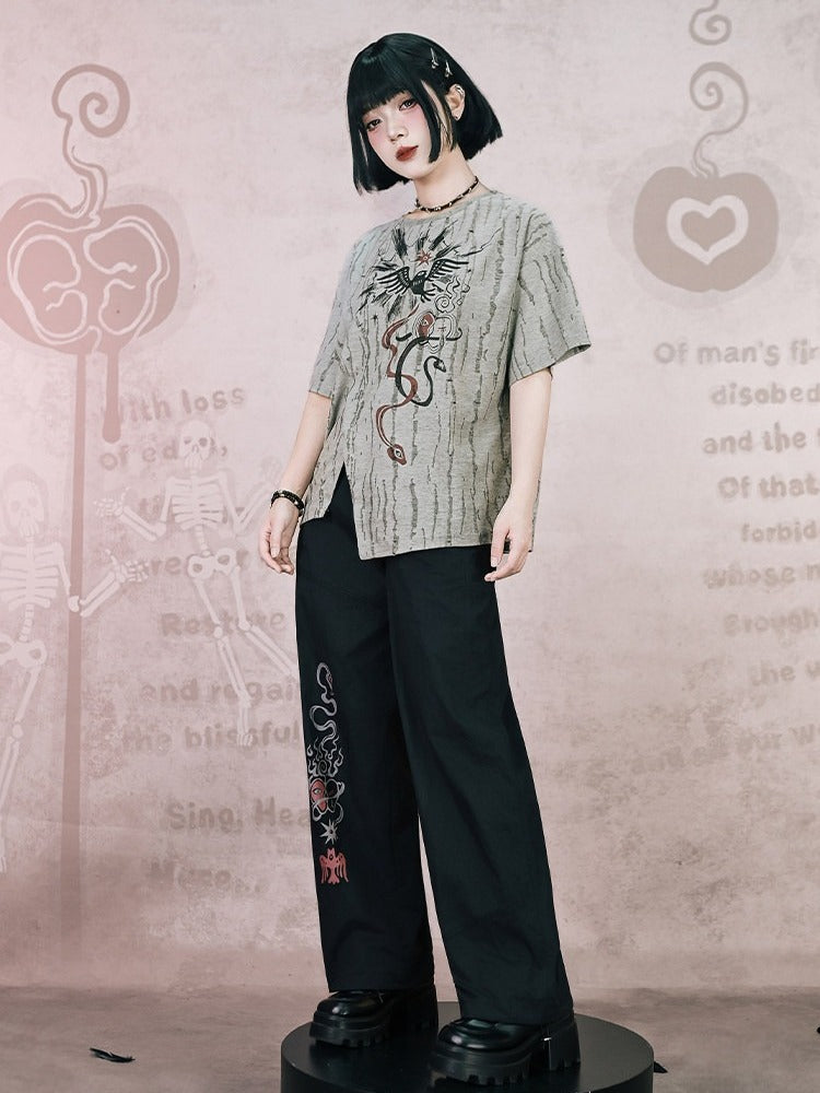 Gray Asymmetrical Short Sleeve T-Shirt with Print & Distress - Quirky Hut