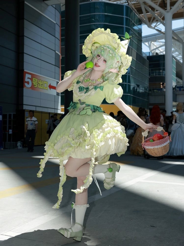 Green Ruffled Sweet Lolita Fluffy OP Dress Full Set